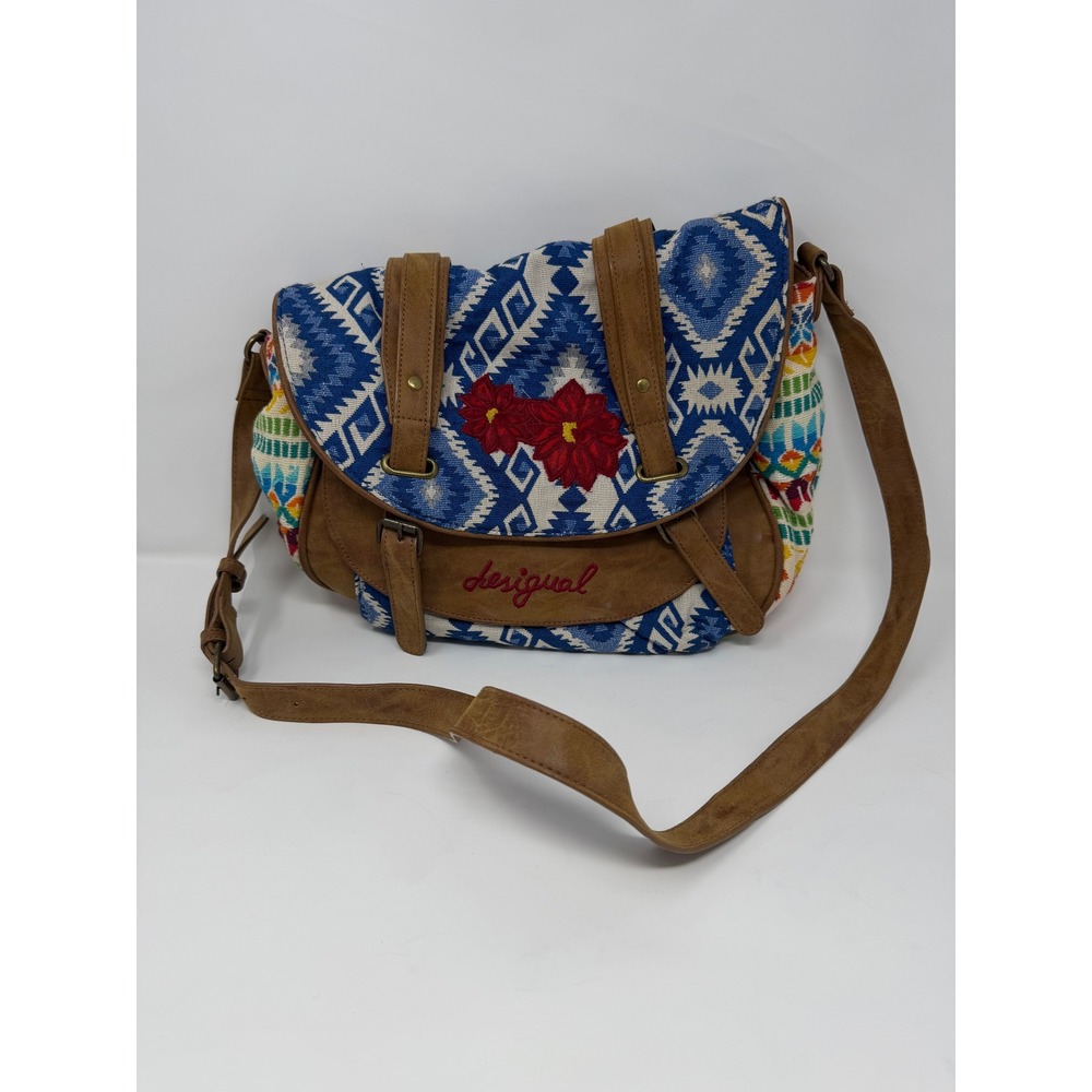 Desigual Boho Embroidered Geometric Crossbody Messenger Bag Brown Multi Womens